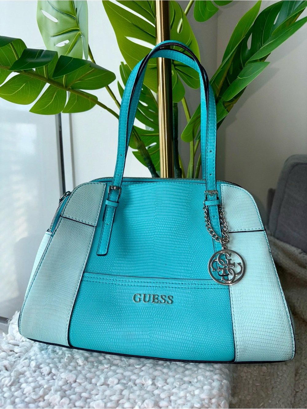 Y2K GUESS Cali Turquoise Multi Lizard Embossed Satchel Bag Charm Purse Silver